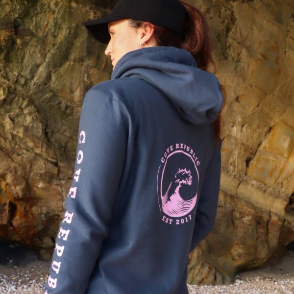 navy hoodie with pink writing