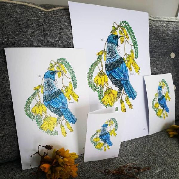 Illustration of a Tui bird on a Kowhai branch created by NZ Artist Lesh McNicholl