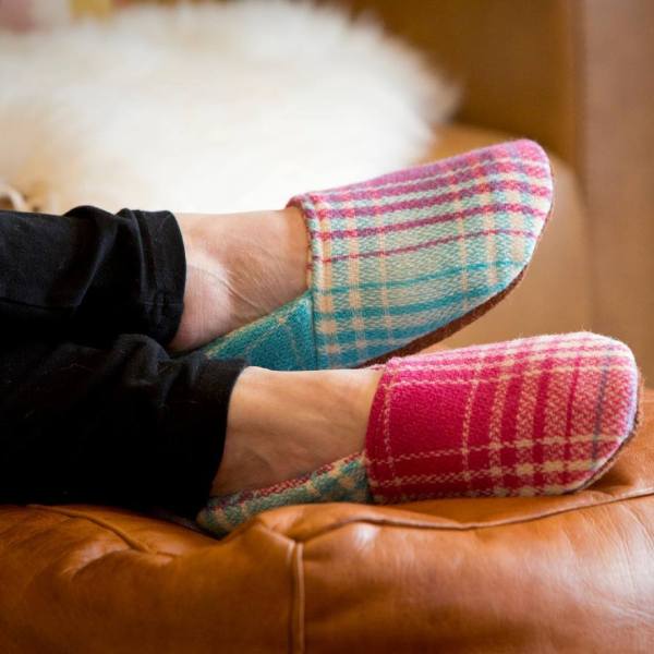 pink and blue slippers